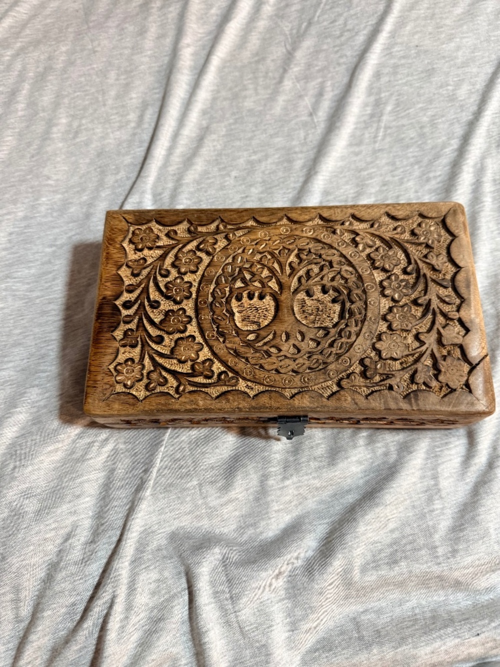 Hand Carved Wooden Tree of Life Jewelry Keepsake Box Floral Design